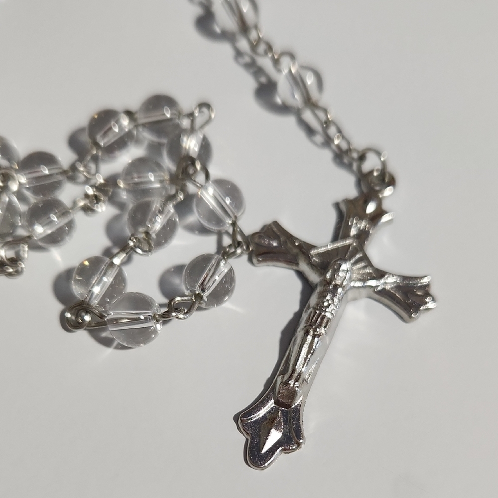 Vintage Silvertone Crucifix Rosary Necklace Clear Beads